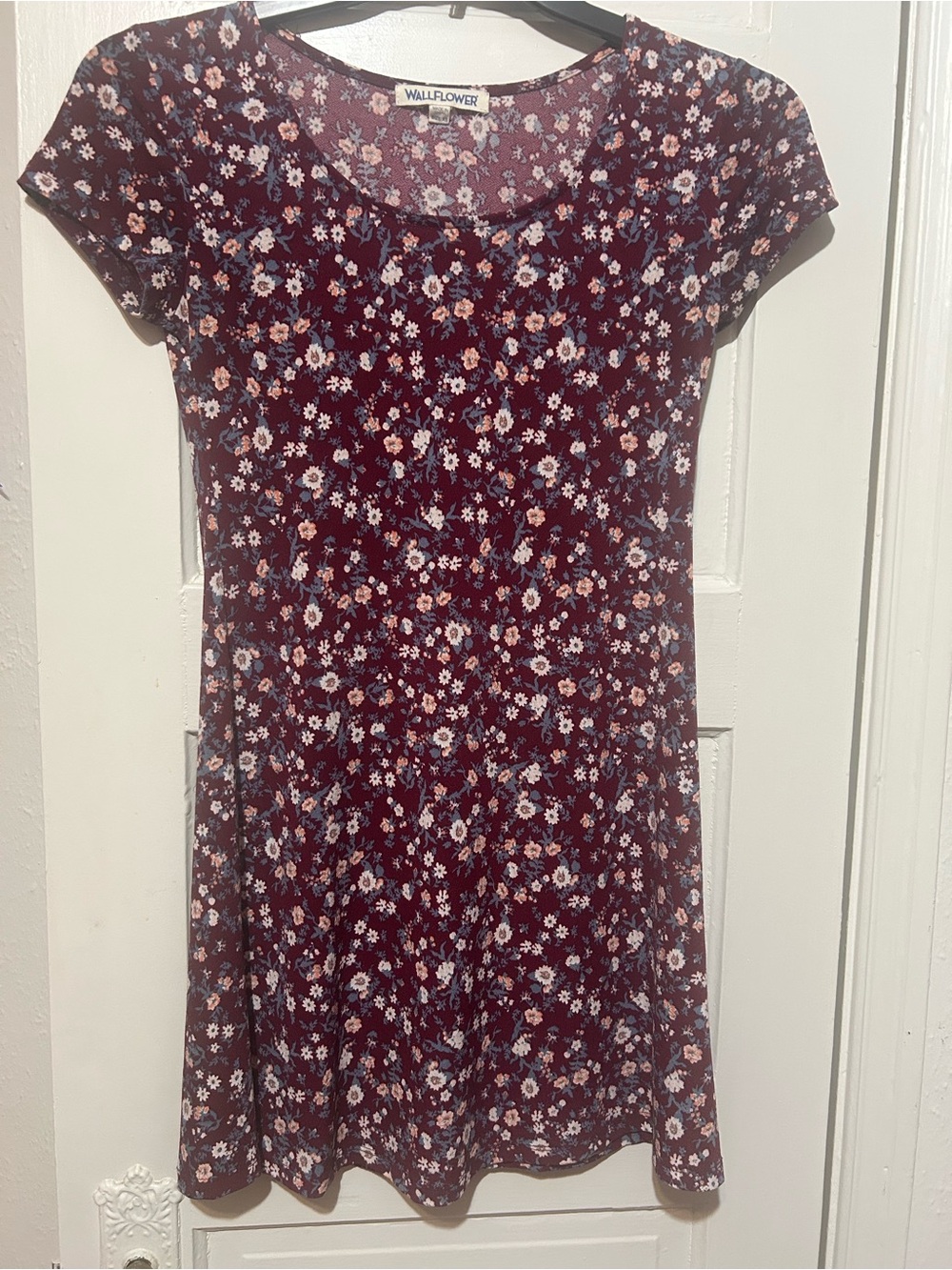 Wallflower Burgundy Floral Scoop Neck Dress with Pink and Blue Accents